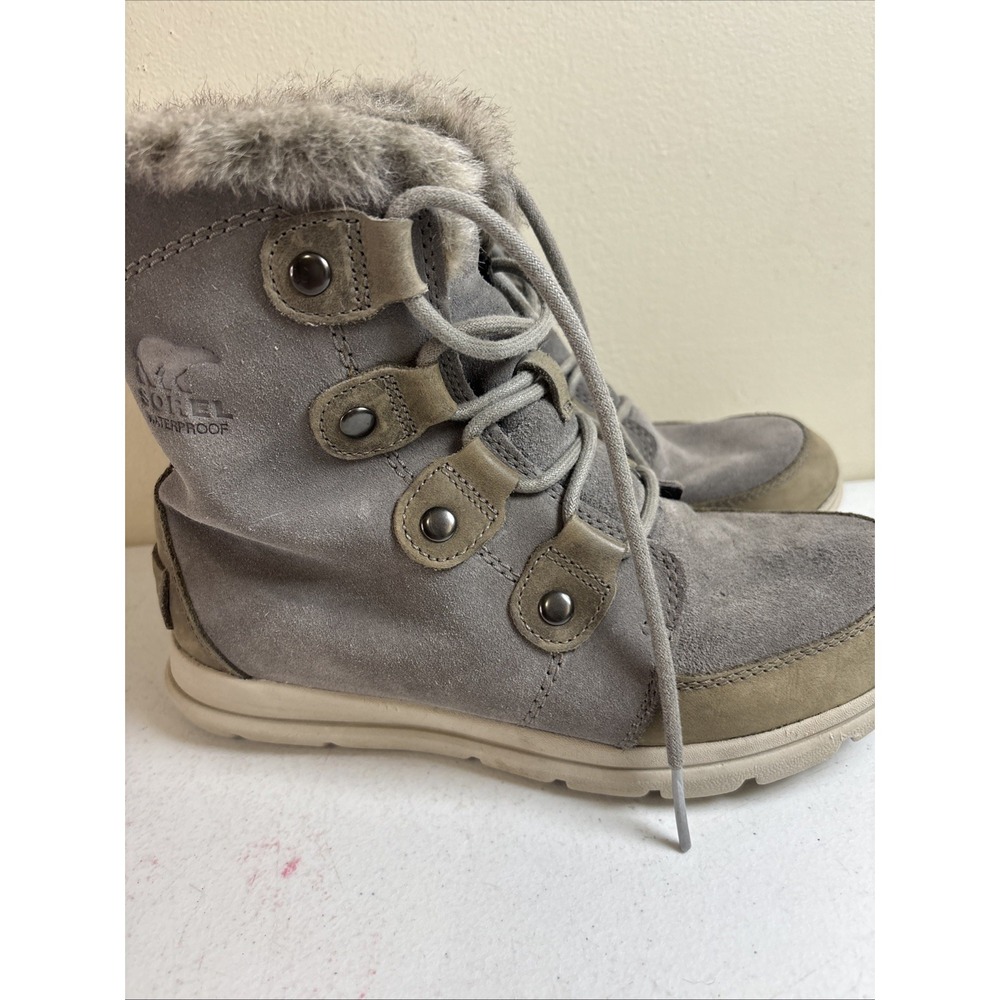 Sorel Womens Explorer Joan Boot Sz 7.5 Waterproof Gray Suede Mid Bootie 3039-052